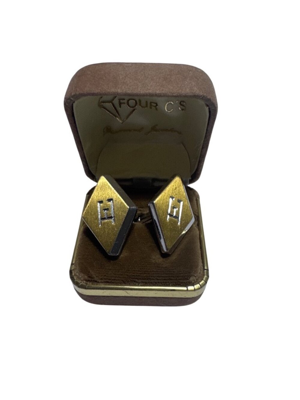 Four Cs Mens Gold-Tone & Silver Diamond-Shaped Monogram E Cufflinks Vintage